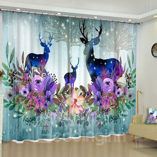 3D Cartoon Deer and Flowers Printed Polyester 2 Panels Living Room Curtain