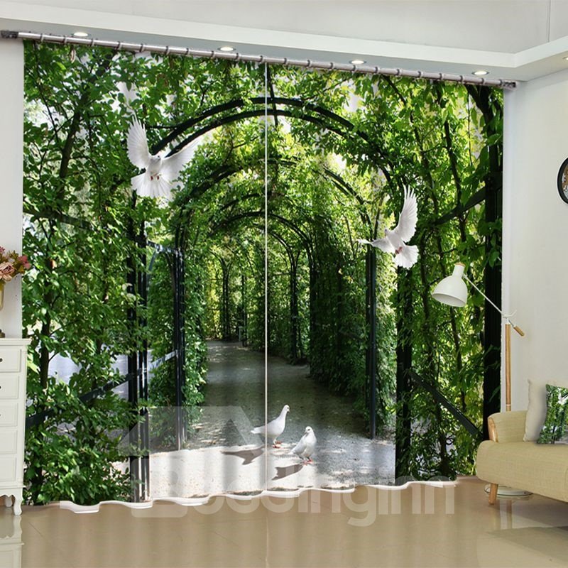 Lush Corridor and Flying Doves Printed 2 Panels Living Room Custom Curtain
