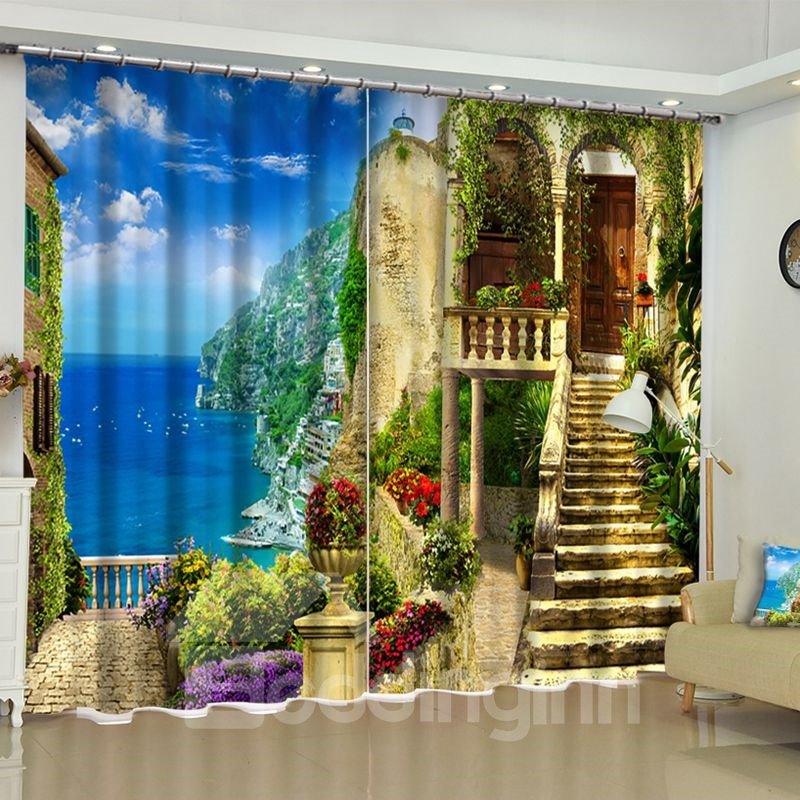 Bedruckter individueller Verdunklungsvorhang „Azurblaues Meer und Steinhaus“ für das Wohnzimmer