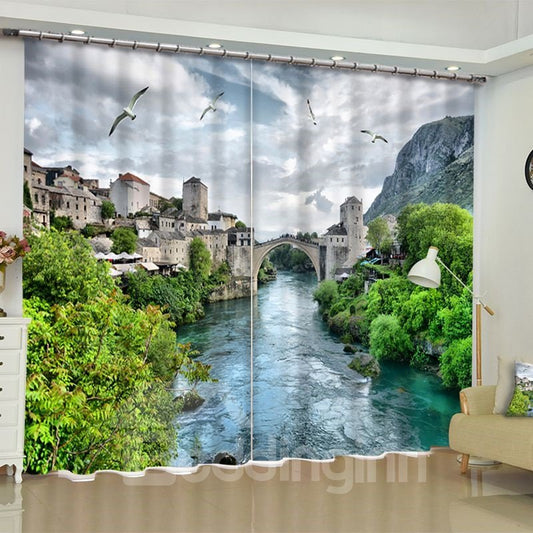 Flowing River with Retro Town Printed Custom Polyester Blackout Curtain for Living Room