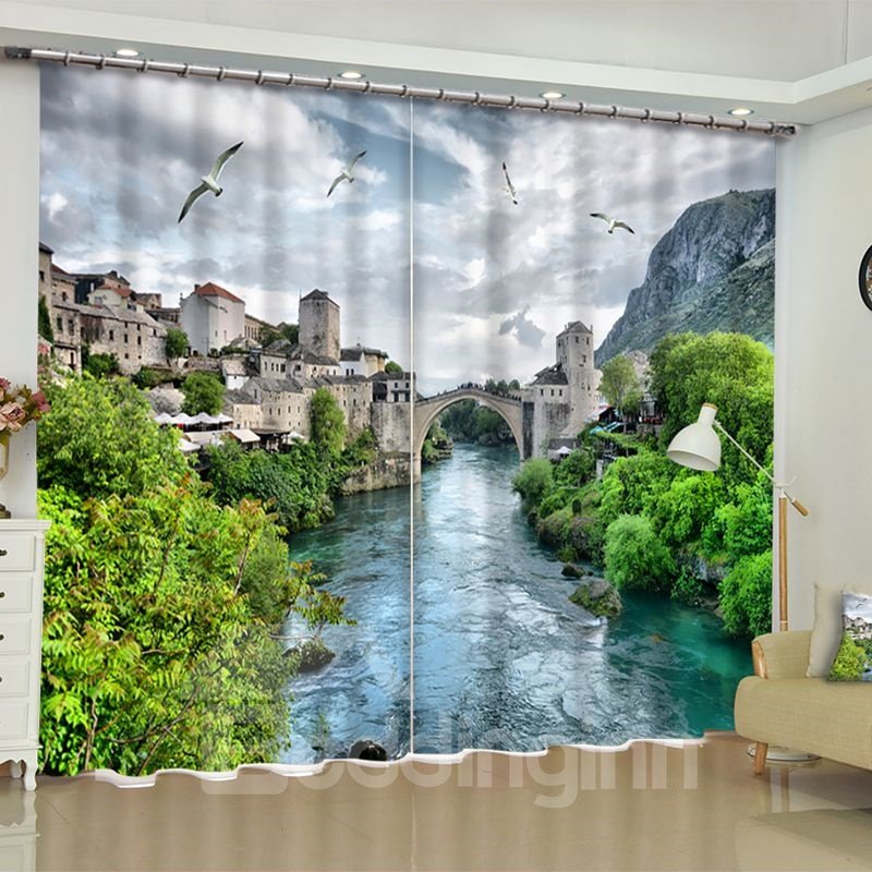 Flowing River with Retro Town Printed Custom Polyester Blackout Curtain for Living Room