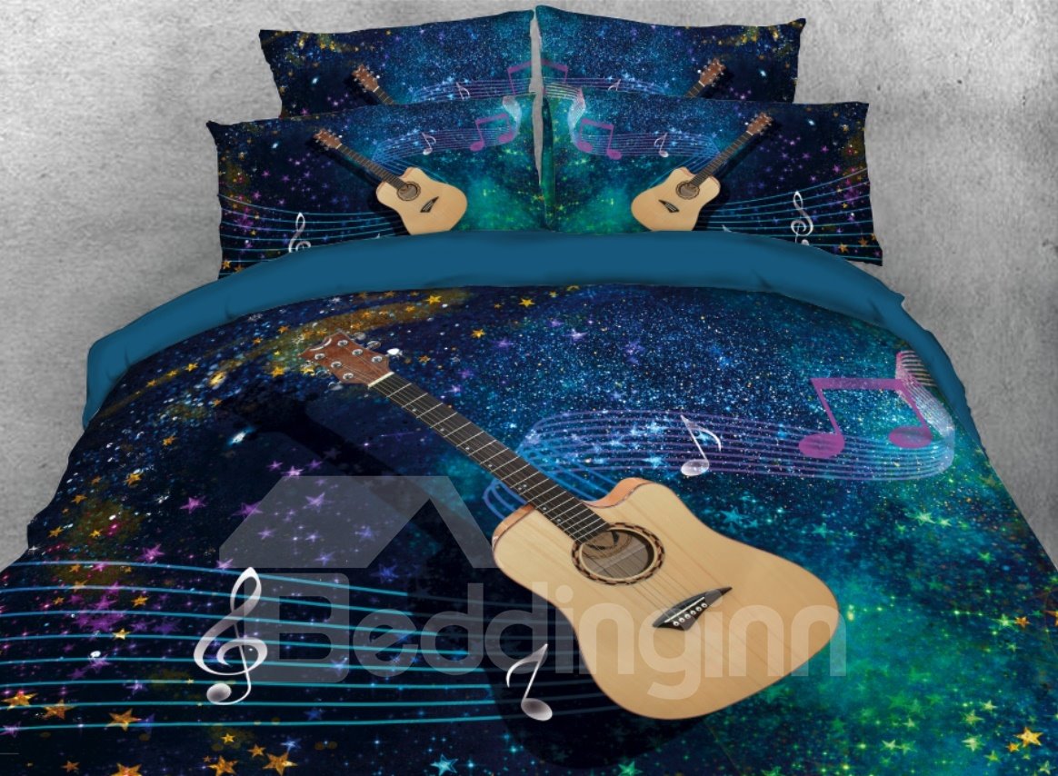 Juego de cama/funda nórdica de 4 piezas con estampado 3D de guitarra con notación musical, color azul