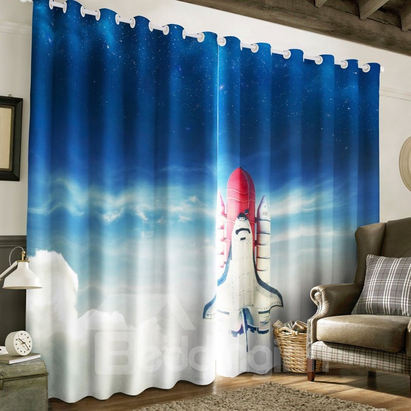 Cohete 3D volando en el cielo azul impreso 2 piezas cortina personalizada para sala de estar