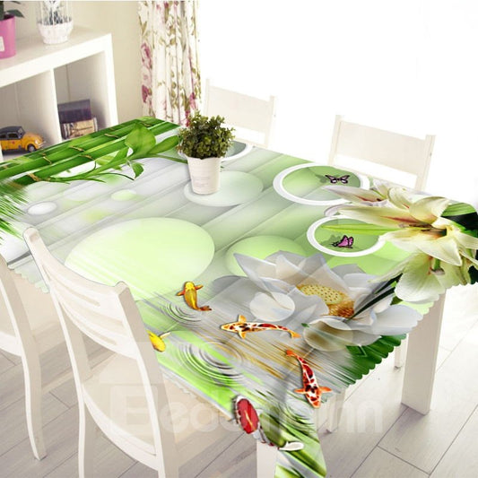 3D Little Fish Swimming in the Bamboo Forest Printed Thick Polyester Table Cover Cloth