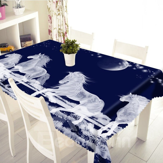 3D White Horses Running in Night Sky Printed Thick Polyester Table Cover Cloth