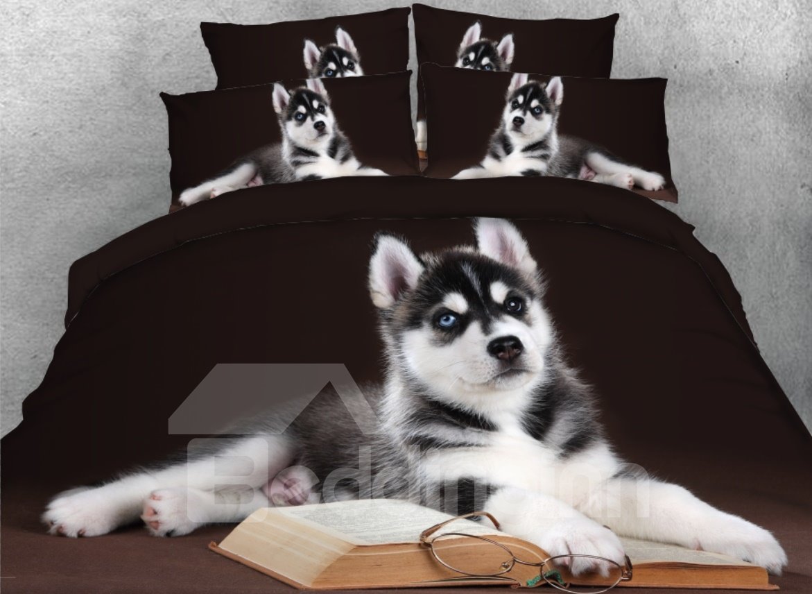 Husky con libro y gafas Juego de funda nórdica 3D de 4 piezas Juego de cama para perros negros