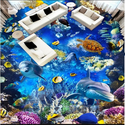 3D Deep Ocean Dolphins and Fishes Pattern Waterproof Nonslip Self-Adhesive Blue Floor Art Murals