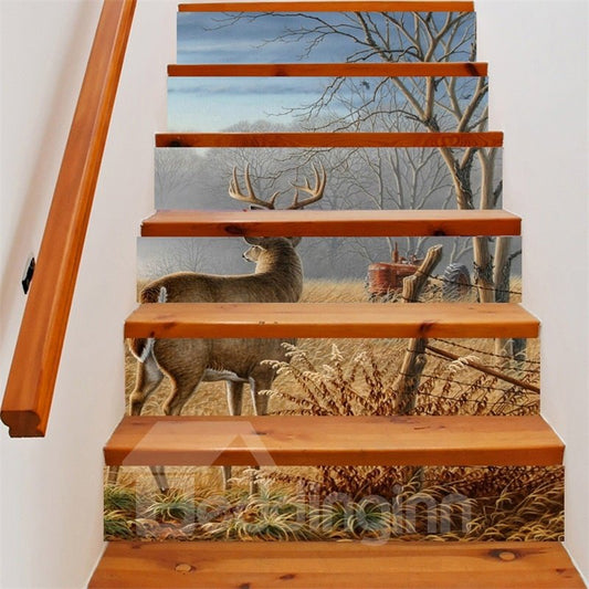 3D Deer Facing Away with Tree 6-Piece PVC Waterproof Eco-friendly Self-Adhesive Stair Mural