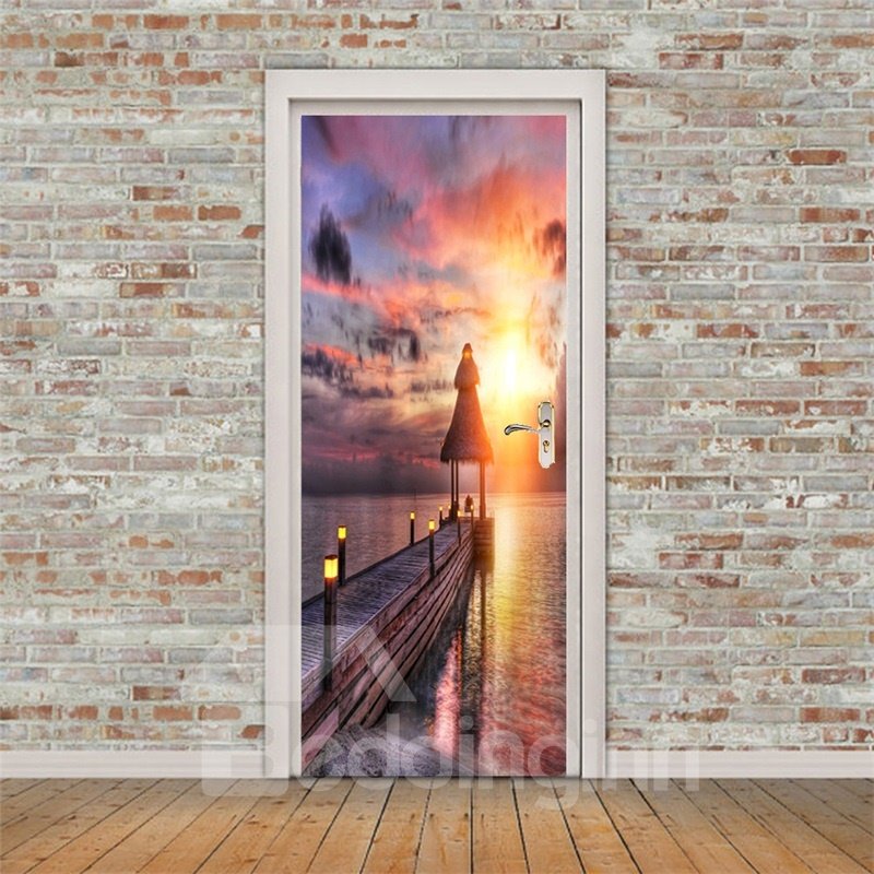 30¡Á79in Sunset and Lonely Bridge PVC Environmental and Waterproof 3D Door Mural