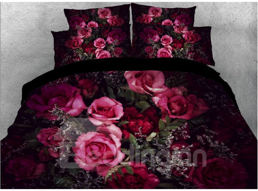 3D Romantic Roses Duvet Cover Set 4-Piece Bedding Set with Non-slip Ties with Durable Soft Sheet and Pillow Covers for Bedroom