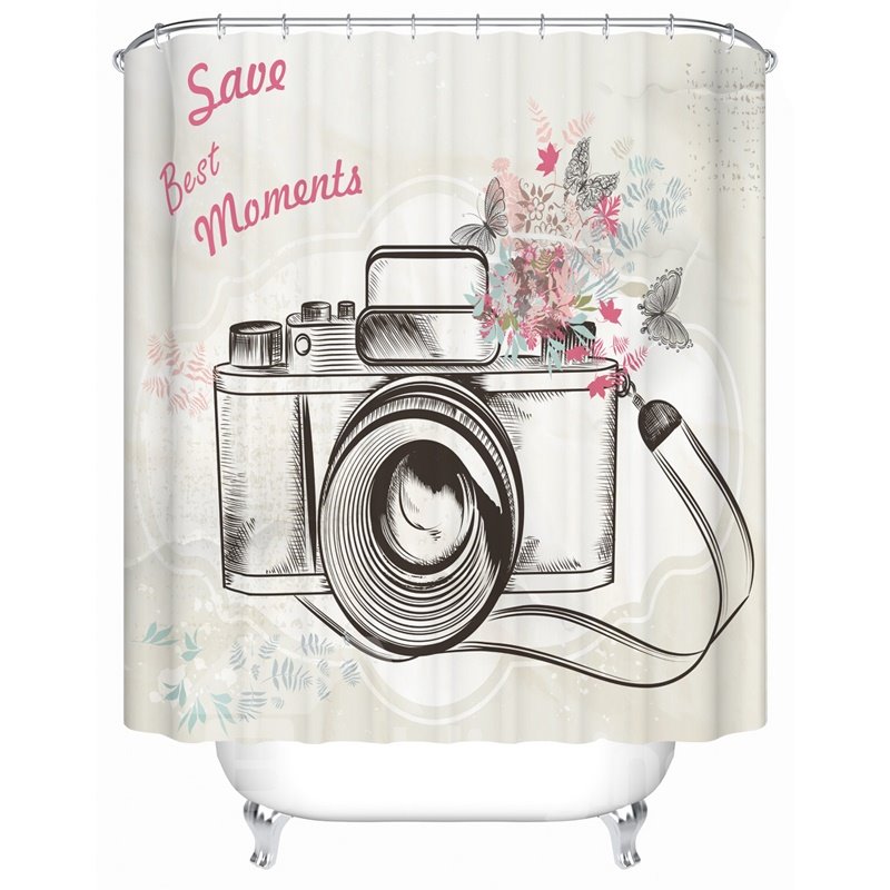 Flowers&Camera Pattern Polyester Material Bathroom Shower Curtain