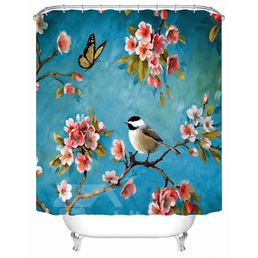 Bird&Flower Pattern Polyester Material Mildew Resistant Bathroom Shower Curtain