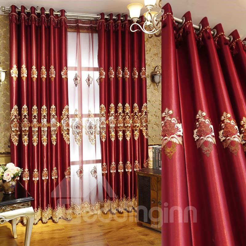 Blackout Curtains Red Classical Pattern High Quality Polyester Window Curtain Set Shading Cloth and Sheer