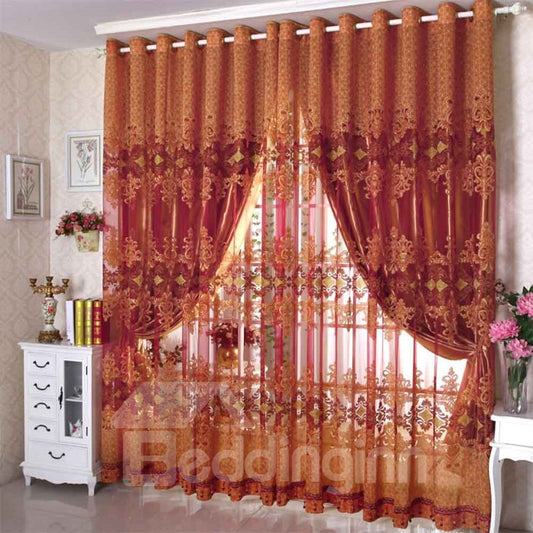 Polyester Orange Floral Pattern Shading Sheer Beads Curtain