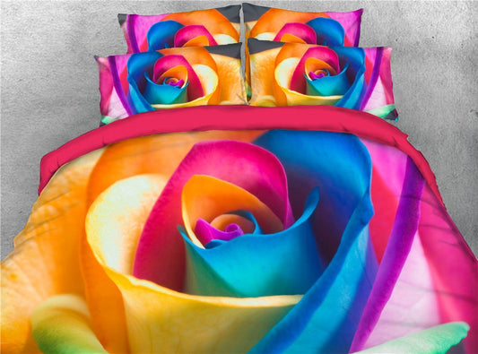 Colorful Rose 4-Piece 3D Floral Bedding Set/Duvet Cover Set Ultra Soft Comforter Cover with Zipper Closure and Corner Ties 2 Pillowcases 1 Flat Sheet 1 Duvet Cover Microfiber