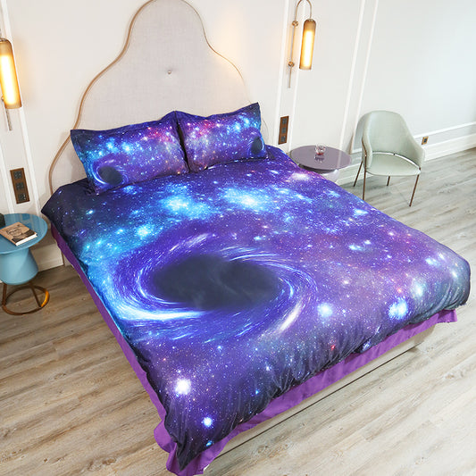 3D Purple Galaxy Printed Bedding Set, 4-Piece Black Hole Galaxy Duvet Cover Set with Flat Sheet 2 Pillowcases