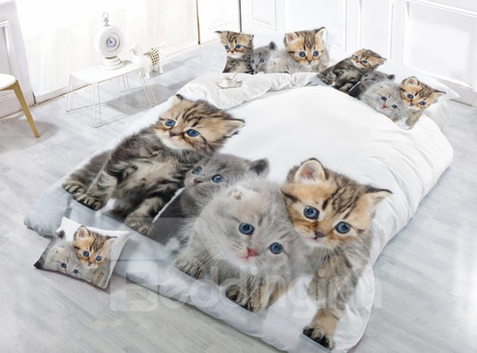 3D Cats 4Pcs Duvet Cover Set with 2 Pillow Shams Zipper White Bedding Sets Colorfast Wear-resistant Endurable White