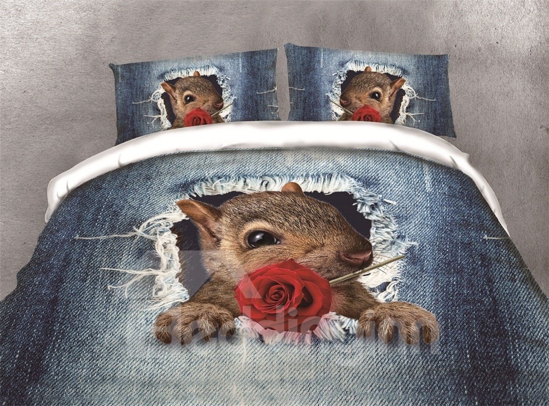 Squirrel Holding a Rose and Hole Denim Printing Polyester 4-Piece 3D Bedding Sets/Duvet Covers