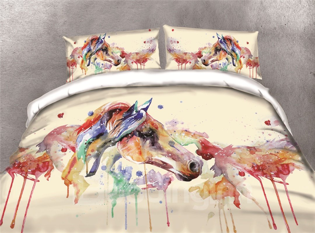 Watercolor Horse Head 3D Printed 4-Piece Difficult Deformation Faded Bedding Sets/Duvet Covers