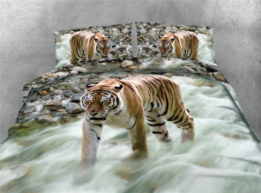 Tiger and Stones Printing Polyester 4-Piece 3D Bedding Sets/Duvet Cover Sets