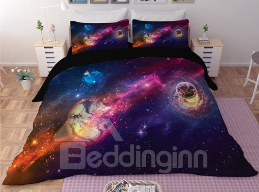 Planets Purple Galaxy Printing Polyester 3D 3-Piece Bedding Sets/Duvet Covers