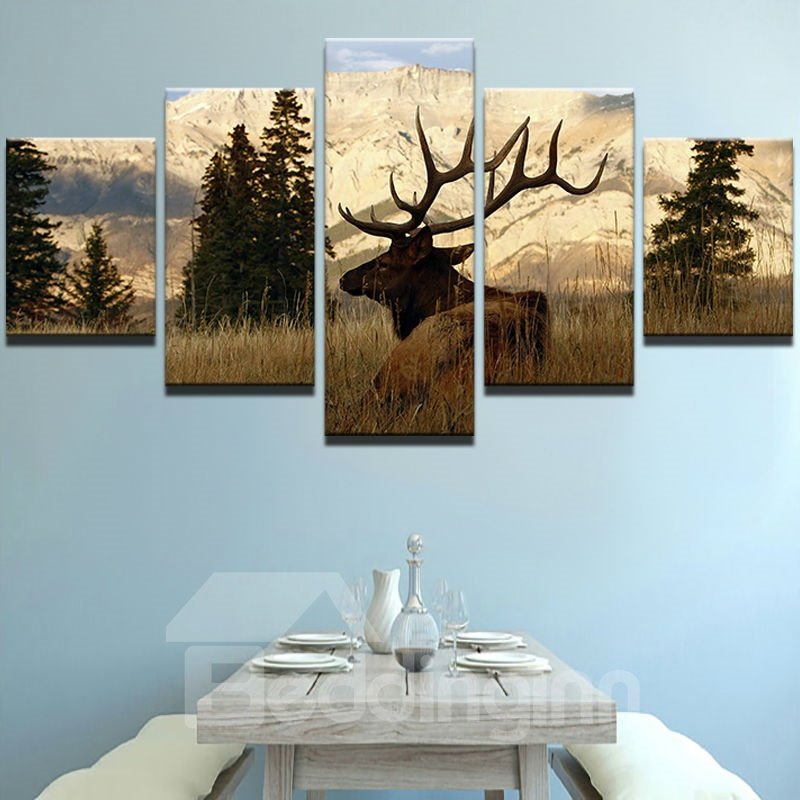 Elk Pattern 5 Pieces Hanging Canvas Waterproof Eco-friendly Framed Wall Prints
