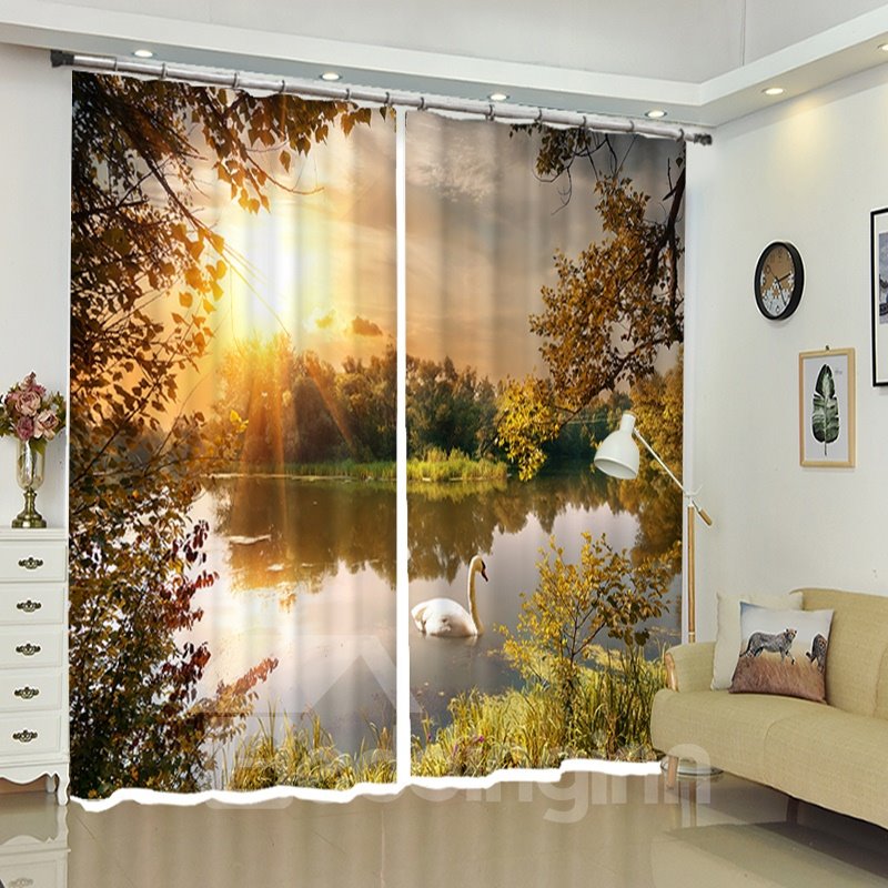 3D Print Curtains Swan In The Lake Sunset Polyester Curtains for Living Room Bedroom No Pilling No Fading No off-lining
