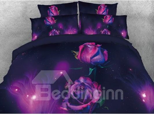 Purple Rose Printed 3D 5-Piece Comforter Set/Bedding Set 1 Duvet Cover 1 Flat Sheet 2 Pillowcases 1 Comforter