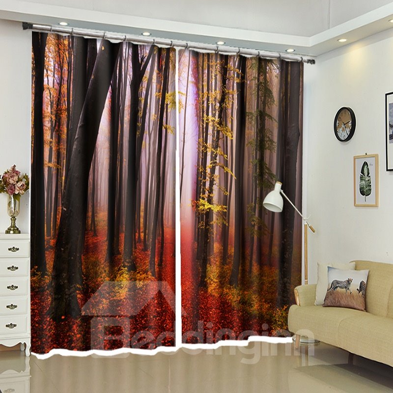 Dekorativer Vorhang im klassischen Landschaftsstil mit gefallenen roten Blättern hoher Bäume
