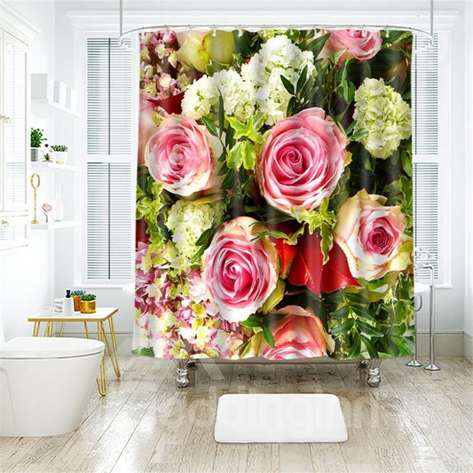 3D Peony Printed Polyester Bathroom Shower Curtain