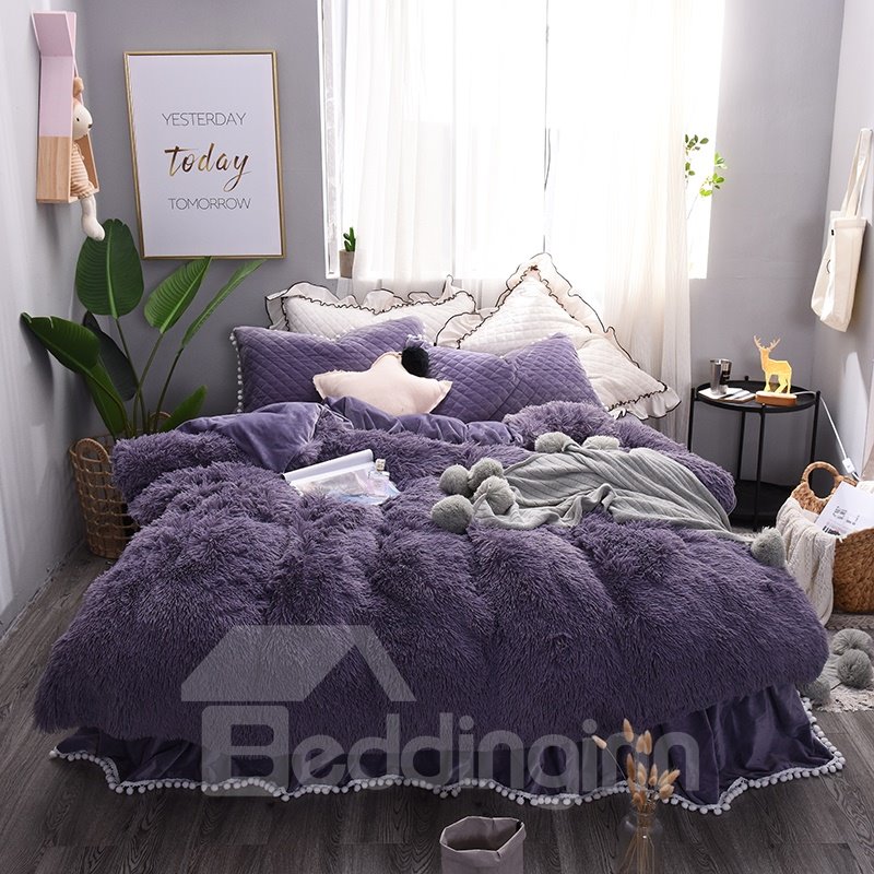 Juego de funda nórdica con faldas de cama mullidas de estilo princesa, color morado liso, 4 piezas, con lazos de cremallera