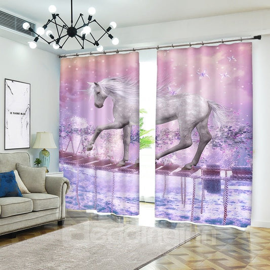White Unicorn Crossing Single-log Bridge Pink Blackout Curtain 3D