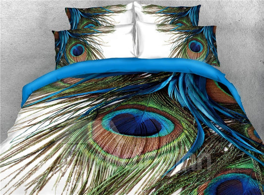 3D Peacock Feathers Duvet Cover Set 4-Piece Bedding Set Blue Soft Skin-friendly Microfiber