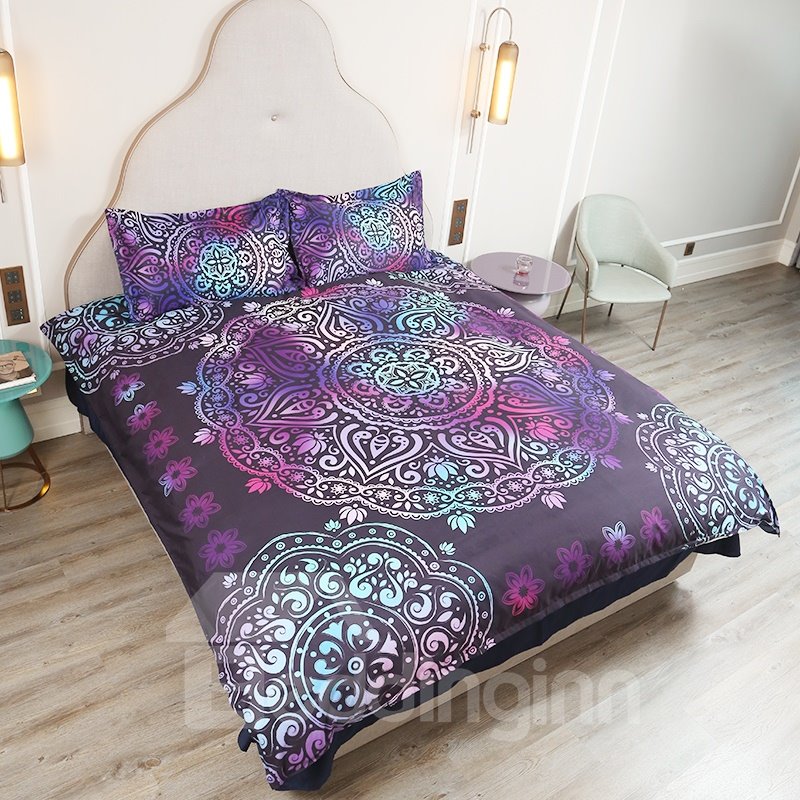 Juego de edredón/juego de cama de 5 piezas de estilo bohemio de Paisley 3D, poliéster suave y agradable para la piel, color morado oscuro