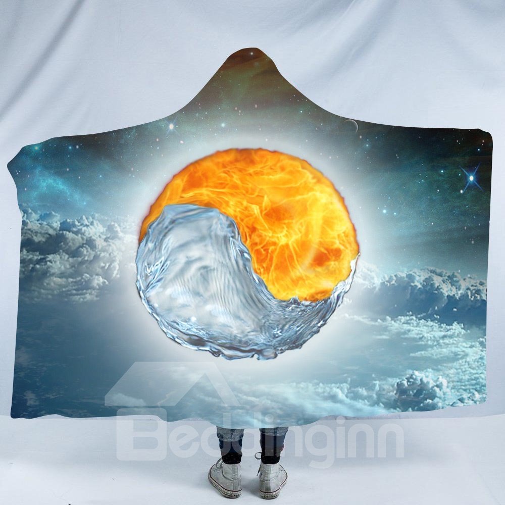Fire and Water Taiji Yin Yang Pattern Cloud Layer 3D Printing Polyester Hooded Blanket