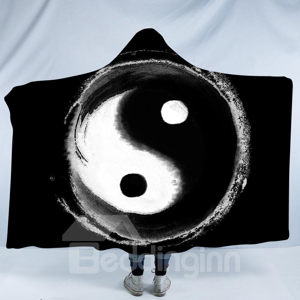 Manta con capucha de poliéster con estampado 3D de patrón Taiji Yin Yang en blanco y negro