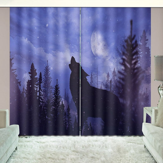 Wolf Theme Blackout Curtain, Howling Wolf at Night Printed Window Shading Curtain, 2 Panel Style