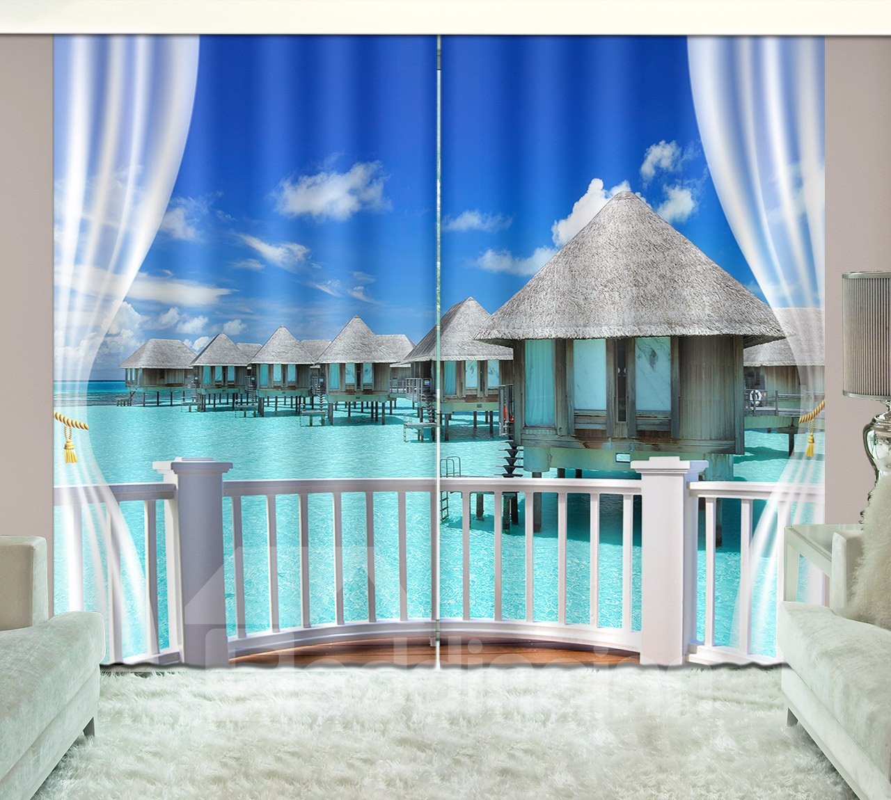 3D-gedruckte Holzhäuser über dem Meer durch Balkon im europäischen Stil, individuelle Wohnzimmervorhänge