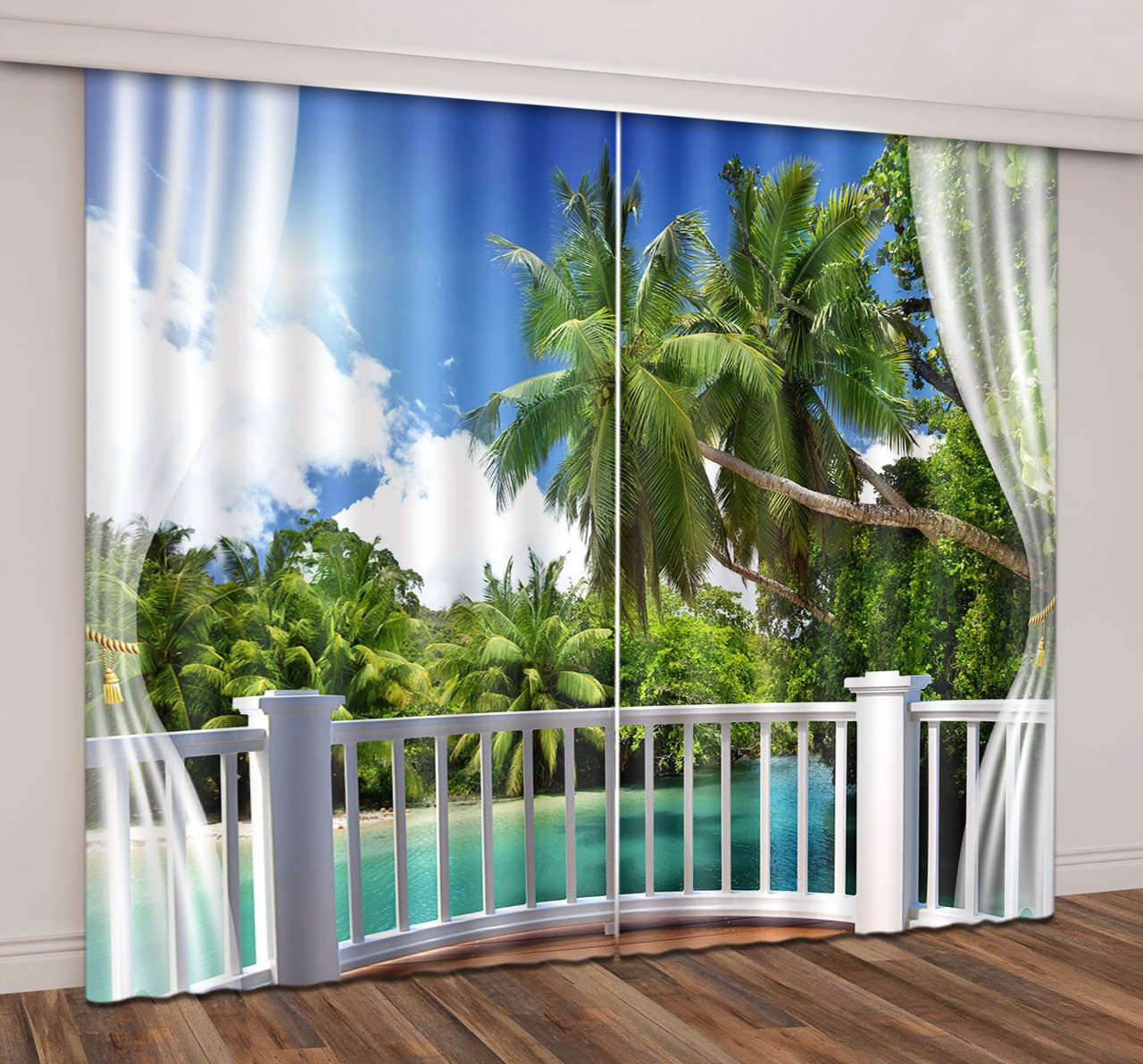 3D Seaside Island Green Coconut Palm Forest Balcony Decoration Printed Curtain