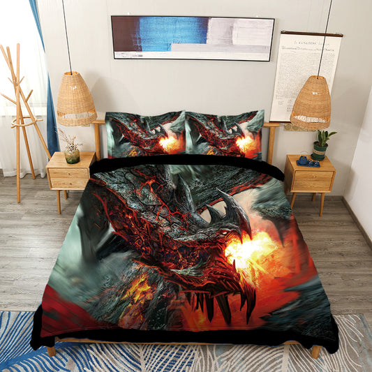 Fire Dragon Spouting Fire Print 4-Piece Duvet Cover Set with Flat Sheet 2 Pillowcases