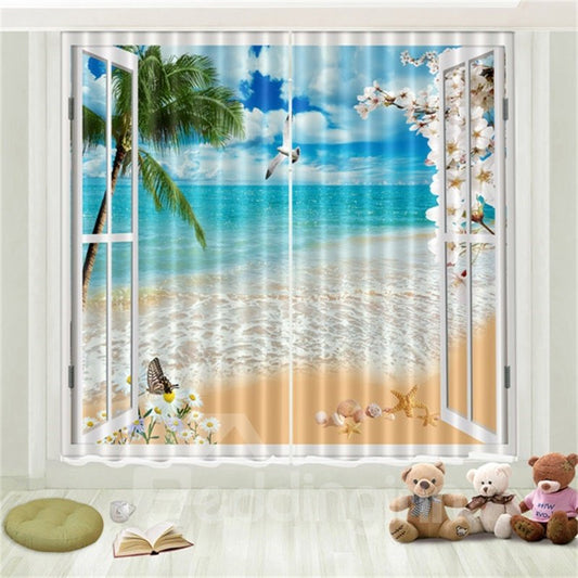 3D Beach Printed Teal Black Out Curtains 2 Panel Set 87 Inches Wide and 84 Inches Physically Blocks Light Nicely Prevents UV Ray Provides a Cool Summer Life