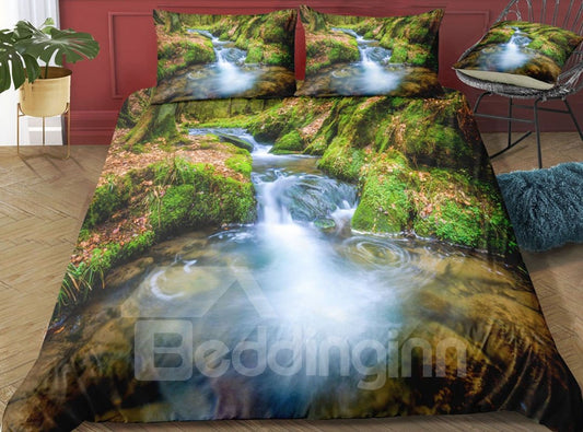 Green Mountain and Stream Water Printed 3-Piece 3D Bedding Sets/ Duvet Covers