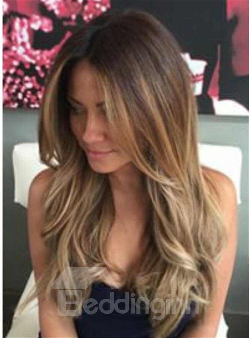 Sexy Long Wavy 22 Inches Layered Human Hair Women Lace Front Wig Heat Resistant Natural Looking Daily Party Wigs Cosplay Wigs with Natural Bangs