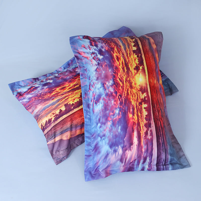 Coastal Duvet Cover Set Microfiber 4-Piece with Flat Sheet 2 Pillowcases, Beach Red Sunset Glow Bedding Set