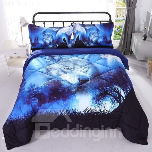 Wild Wolf Night 3-Piece 3D Comforter Set/Bedding Set Blue Microfiber