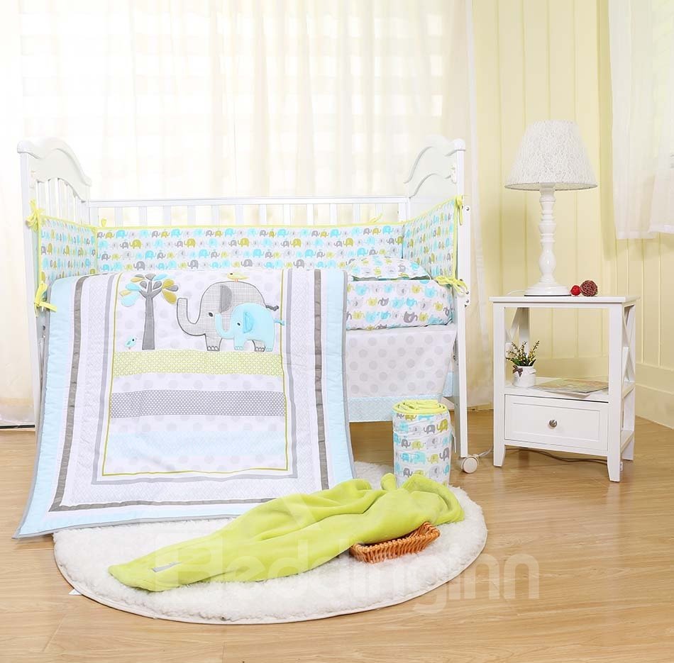 Juegos de cama de cuna de 5 piezas con estampado de elefante y árbol de dibujos animados