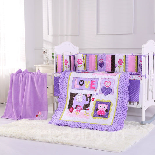 Flower and Elephant Animal Printed Purple 5-Piece Crib Bedding Sets