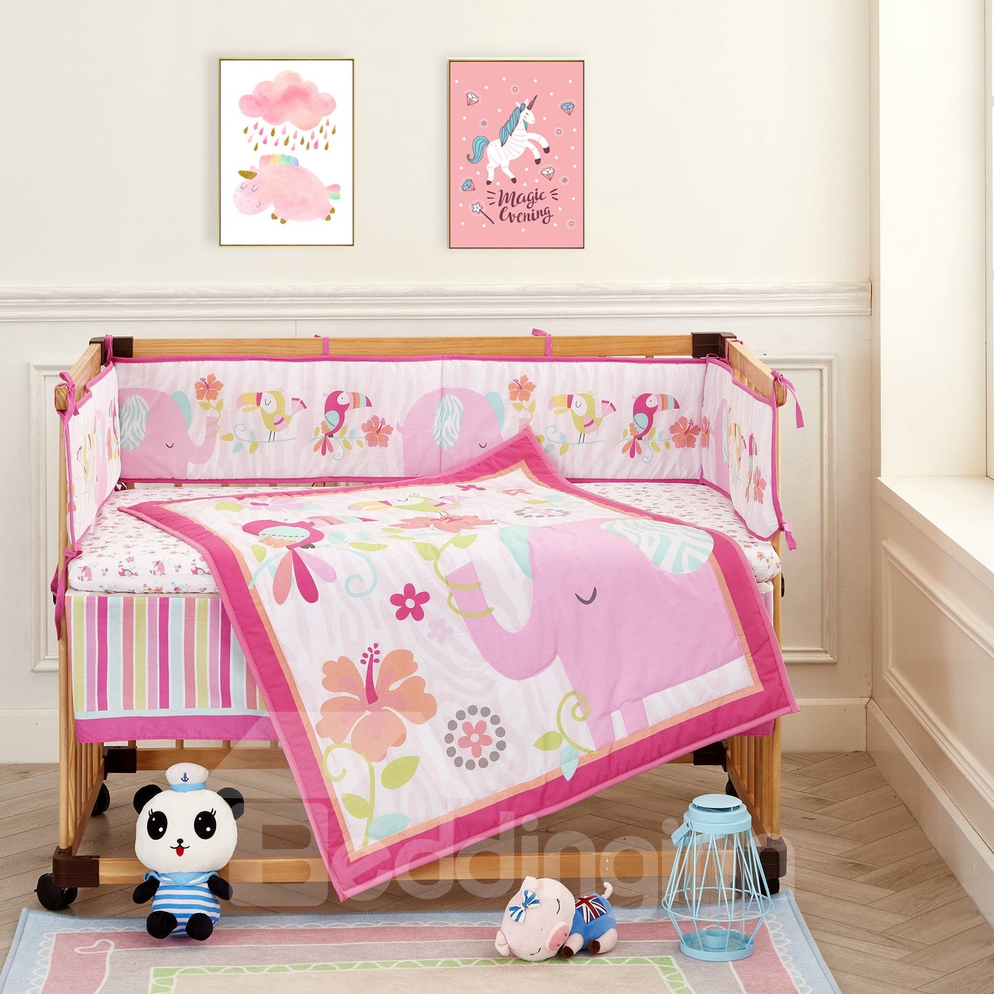 Sweet Pink Flower and Elephant Printed 4-Piece Crib Bedding Sets