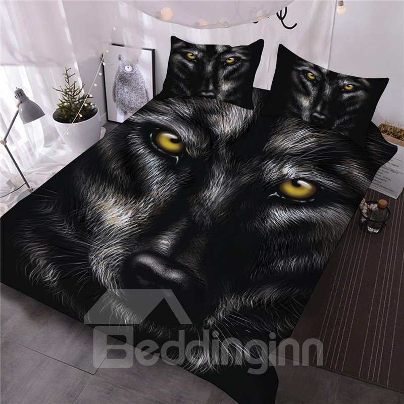 Juego de edredón/juego de cama con estampado Digital de lobo salvaje, 3 piezas, 3D, color negro, 1 edredón, 2 fundas de almohada, tamaños Twin Queen King