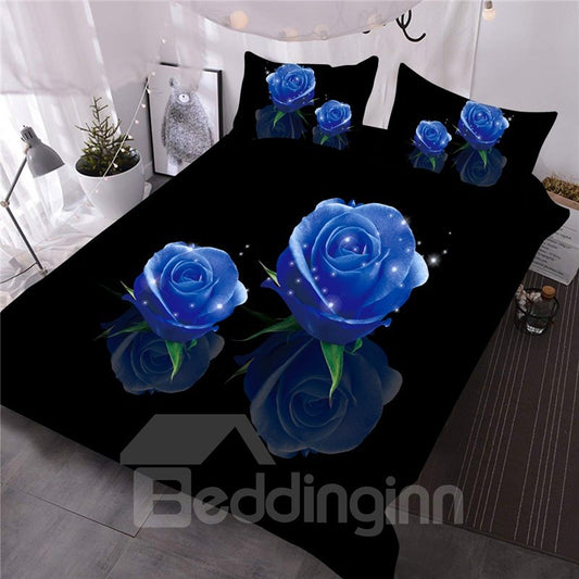 Blue Shining Rose Printed 3-Piece 3D Comforter Set Endurable Skin-friendly All-Season Black Bedding Set